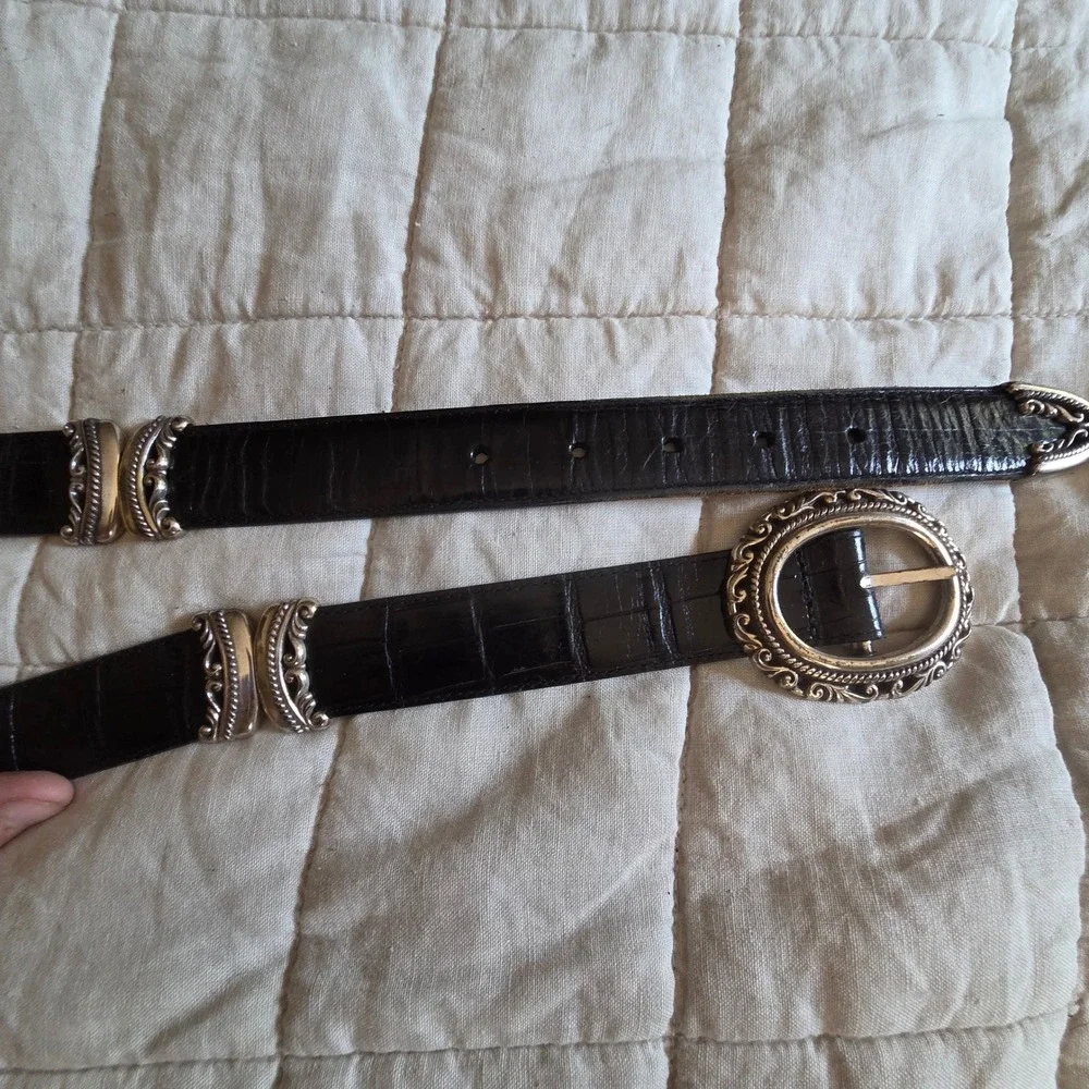 Reversable Faux Croc Belt XXL Brown/Black Silver Filigree Buckle Vtg Western